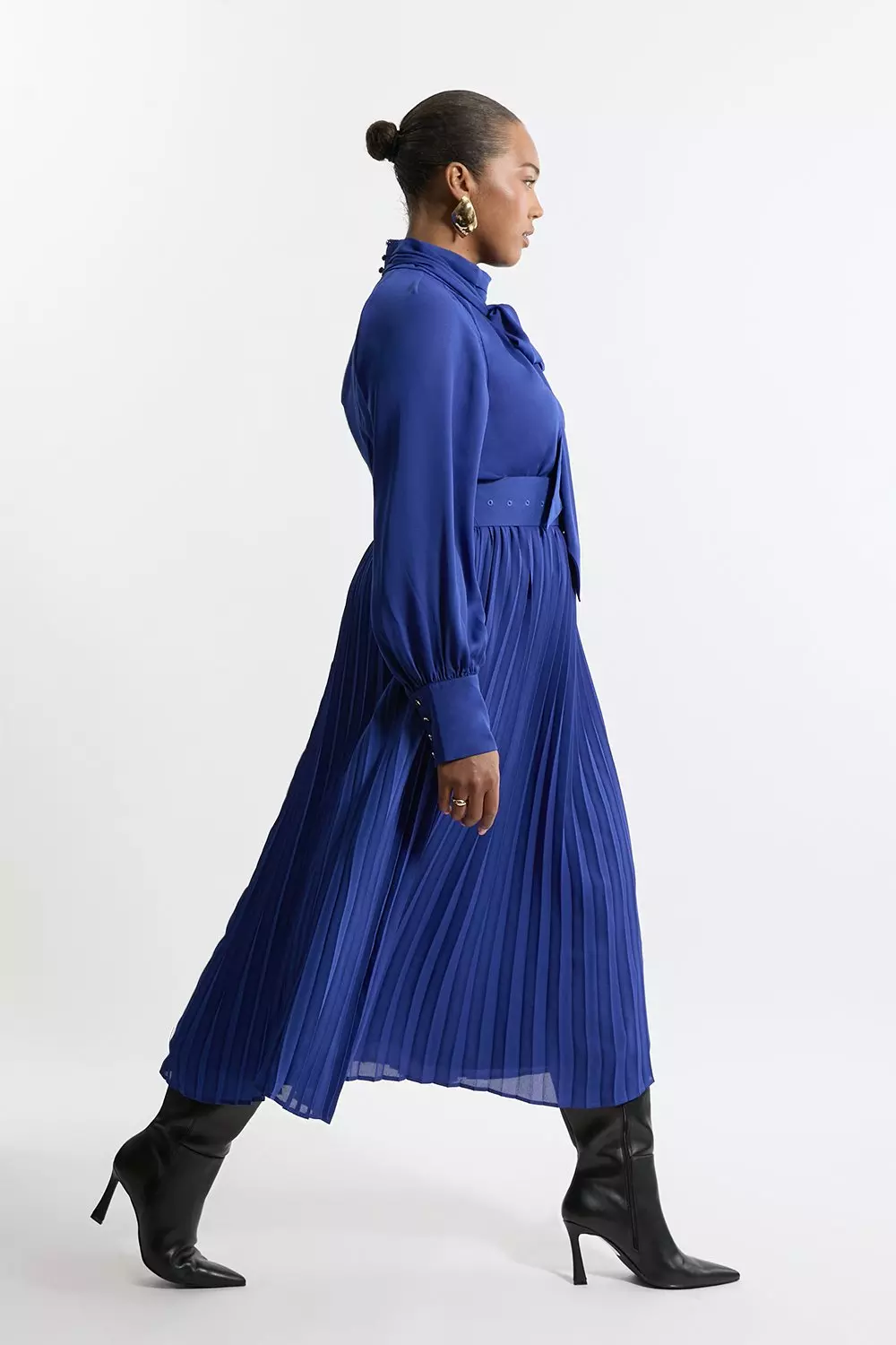 Plus Size Pleated Woven Belted Tie Neck Maxi Shirt Dress Karen Millen